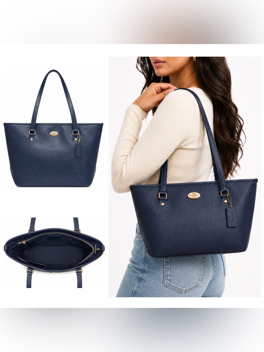 Coach. 5 Piece Set: Leather Zip Top Tote with Free Wristlet, 2 Scarfs & Dust Bag - Picture 2 of 16